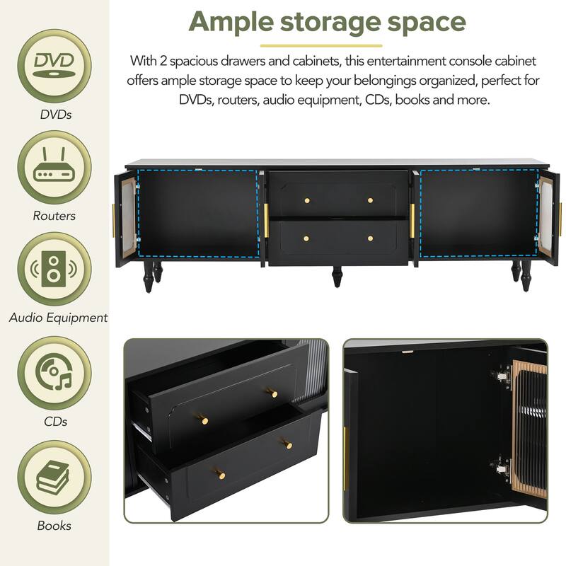 TV Stand with Fluted Glass Doors & 2 Drawers for TVs Up to 78'', Television Console Table Storage Cabinet for Living Room, Black
