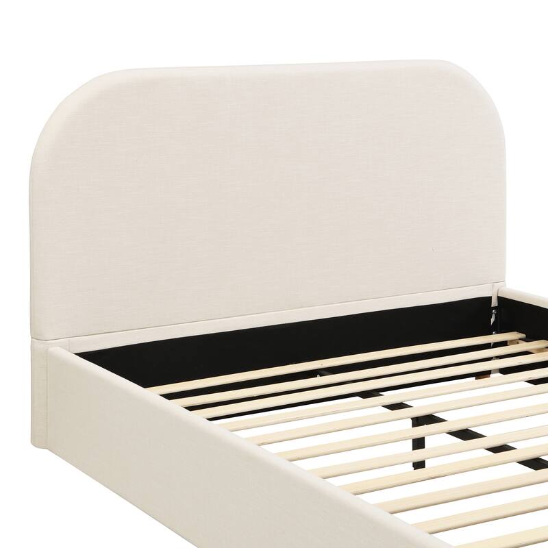 Queen Size Bed Frame with Linen Upholstered Headboard and Solid Wood Legs