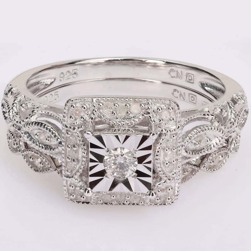 Miadora 1/5ct TDW Diamond Cushion Halo Bridal Ring Set in Sterling Silver