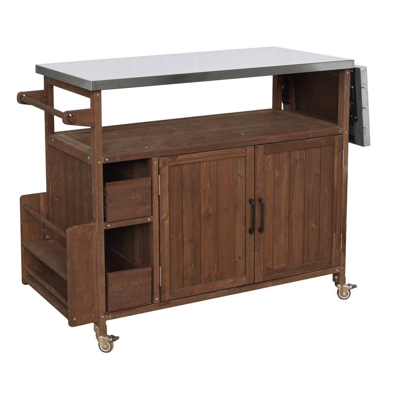 Christopher Knight Home - 54.33" Solid Wood Mobile Outdoor Kitchen Cart with Stainless Steel Top & Spice Rack & Lockable Wheels