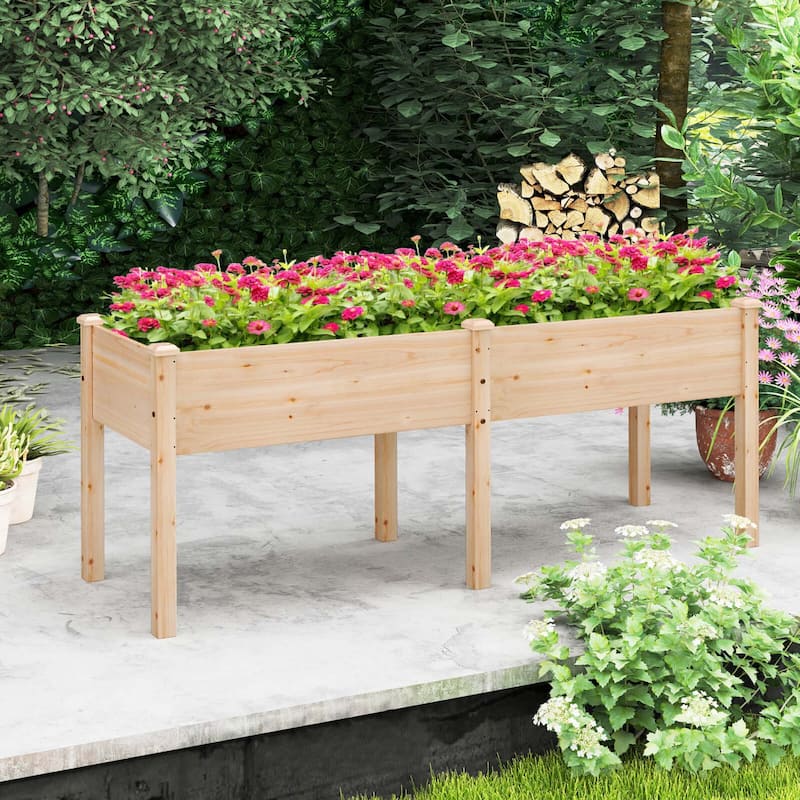 Costway Raised Garden Bed Elevated Fir Wood Planter Box with 2 Large - See Details - Beige