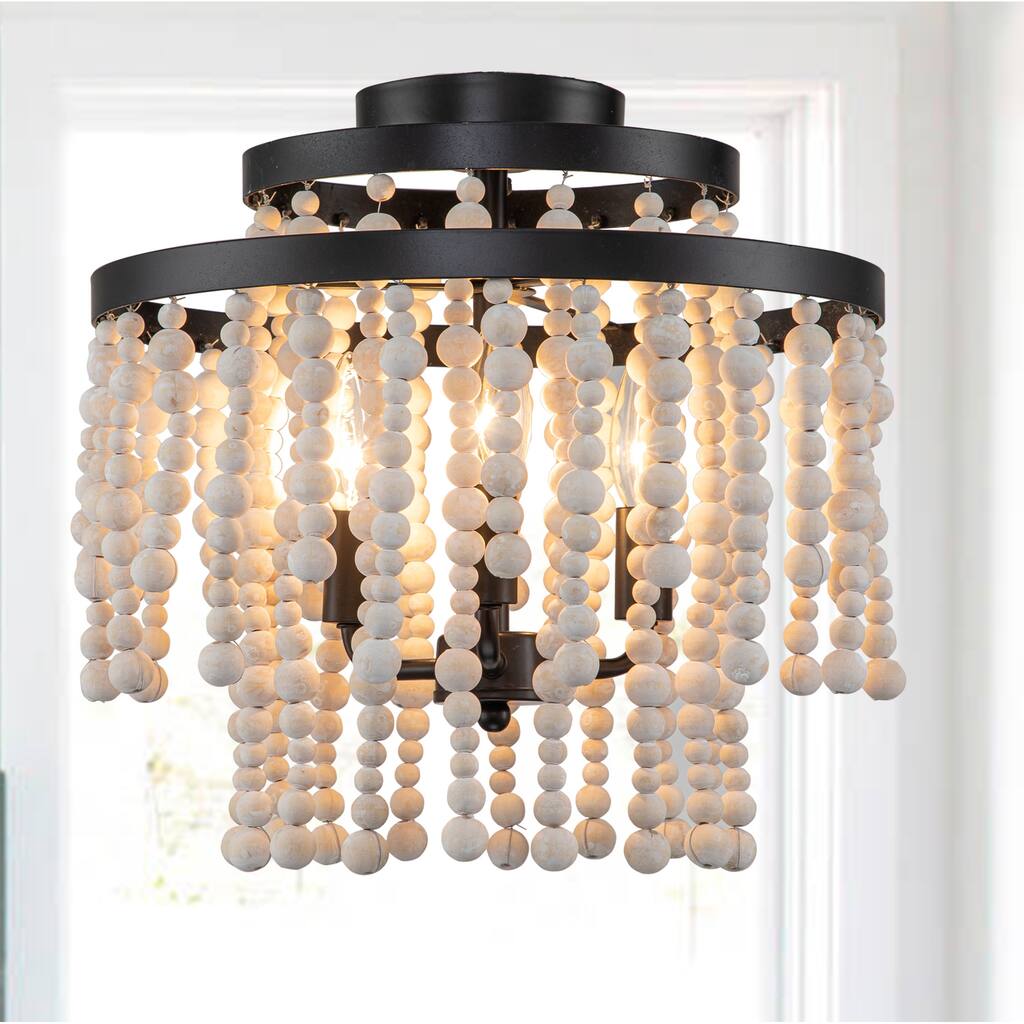 Boho Wood Beaded Ceiling Light Farmhouse Light Fixture