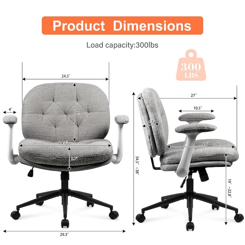 Grey Swivel Chair with Flip-Up Armrests and Crossed Legs