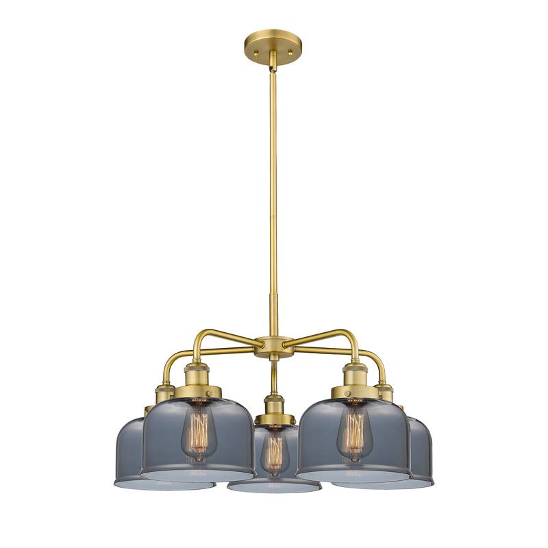 Innovations Lighting Bell - 5 Light 26" Stem Hung Chandelier - Brushed Brass/Light Smoke