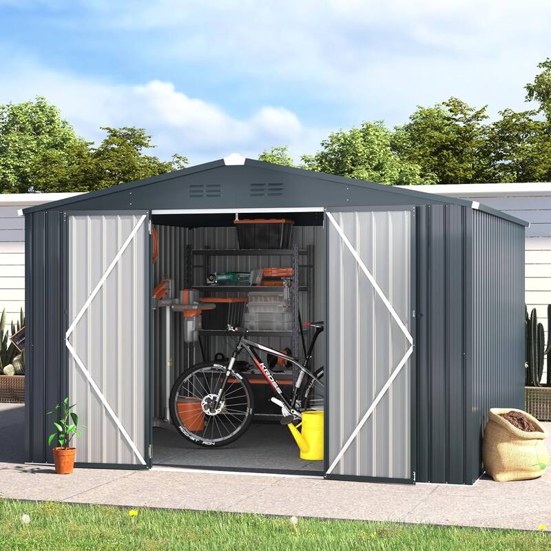 AECOJOY Outdoor Extra Large Storage Metal Shed with Lockable Doors - 10' x 10' - Dark Grey