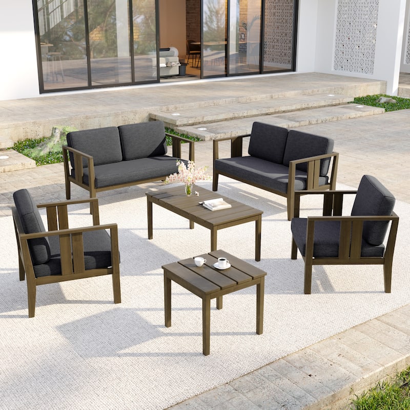 Casual 6-Piece Outdoor Patio Furniture Set In Solid Teak Wood - Natural Wood - Dark Grey