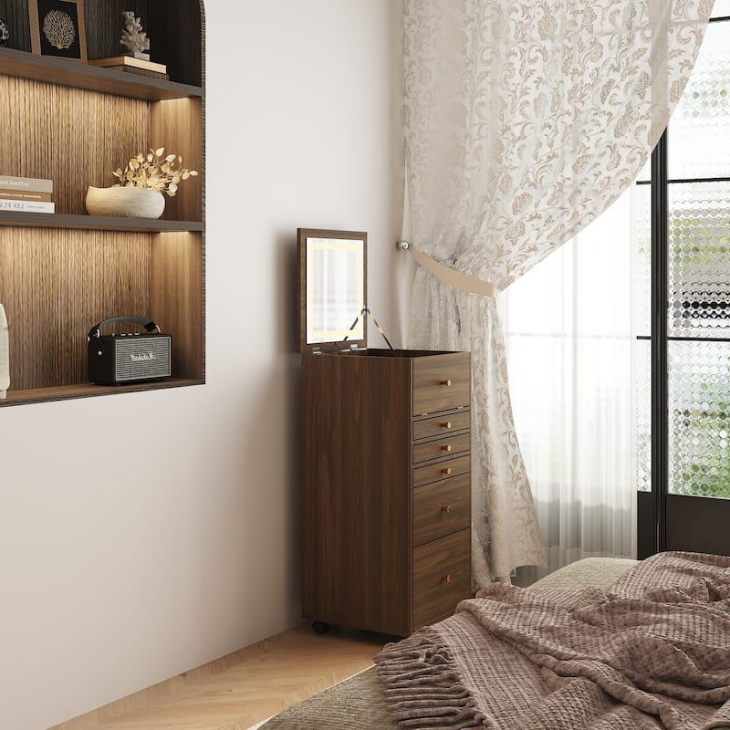 Rolling Makeup Vanity Cabinet with LED Light Mirror, Walnut Tall Dresser with 9-Grid Organizer, Drawers & Tilt-Out Storage