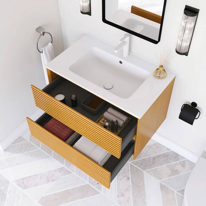 Wall-Mounted Bathroom Vanity with White Ceramic Sink