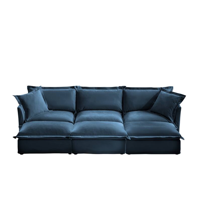 Modern 3-seater upholstered sofa with 3 ottomans and 2 pillows - Blue,Chenille