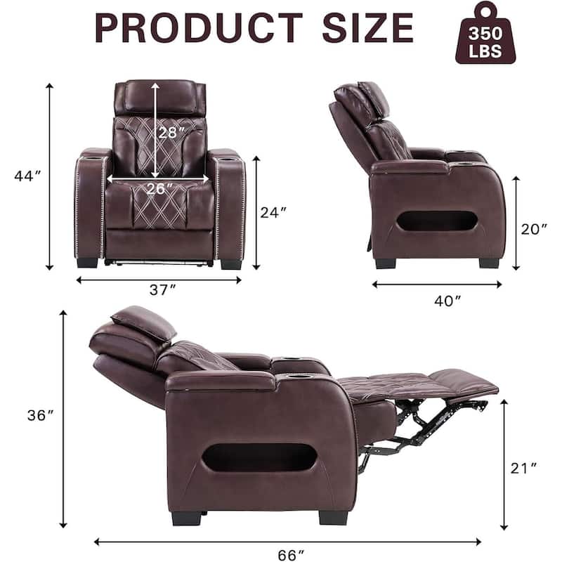 Power Recliner Chair with Adjustable Headrest, Breathable PU Leather Home Theater Seating with Ambient Lighting,Cup Holders