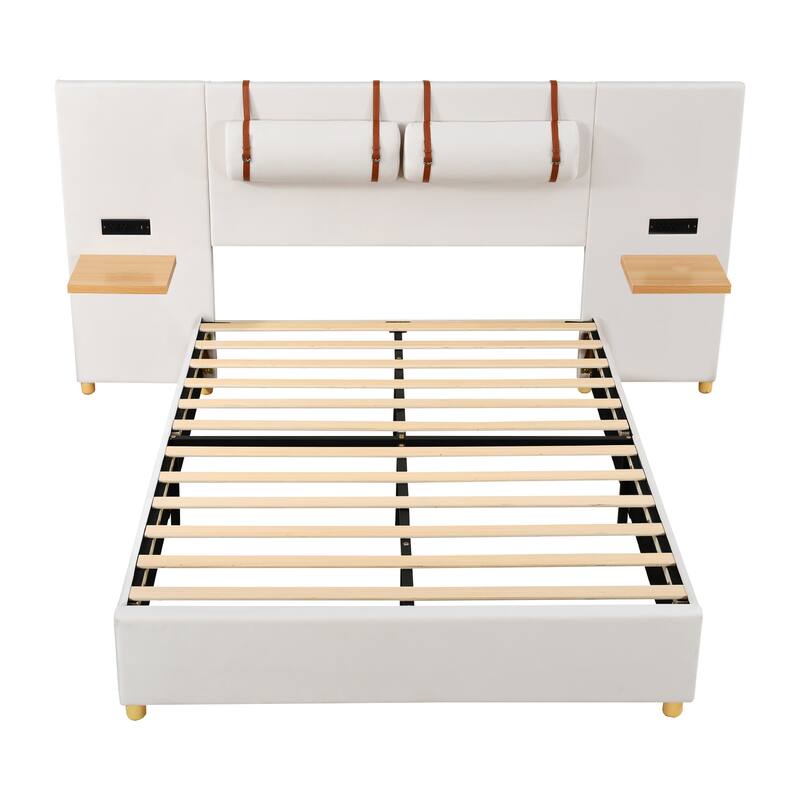 Upholstered Platform Bed with Two Bedside Pillows, Two Outlets and USB Charging Ports