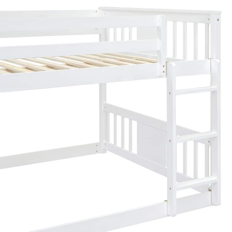 Low Bunk Beds Full Over Full Wood Bunk Bed Frame Floor Bunkbed for Kids Toddlers Boys Girls Teens' Bedroom Dorm