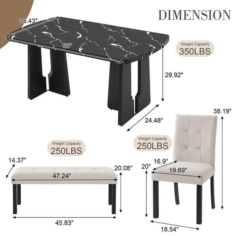 6-Piece Modern Dining Set, 63" Faux Marble Table with Geometric Legs, 4 Upholstered Chairs and Bench for Kitchen Dining Room