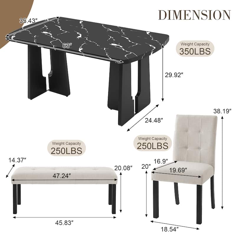 6 Piece Standard Height Dining Table Set with 63" Faux Marble Table and 4 Upholstered Chair, Bench for Kitchen