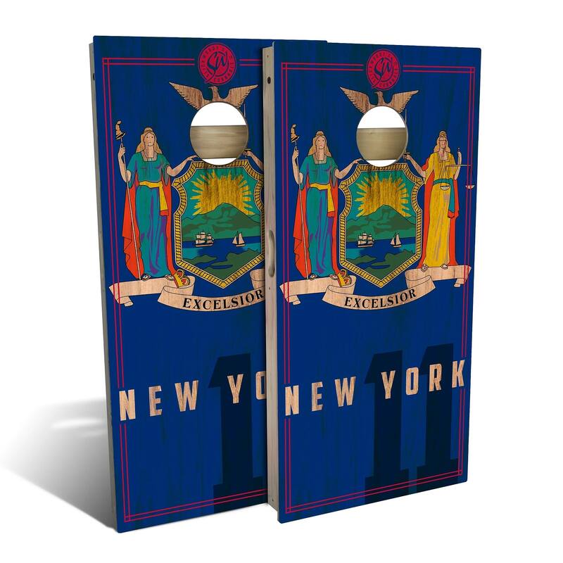 New York State Flag 2.0 Outdoor Cornhole Board Set - All-Weather 2x4 - Include Edge Lights