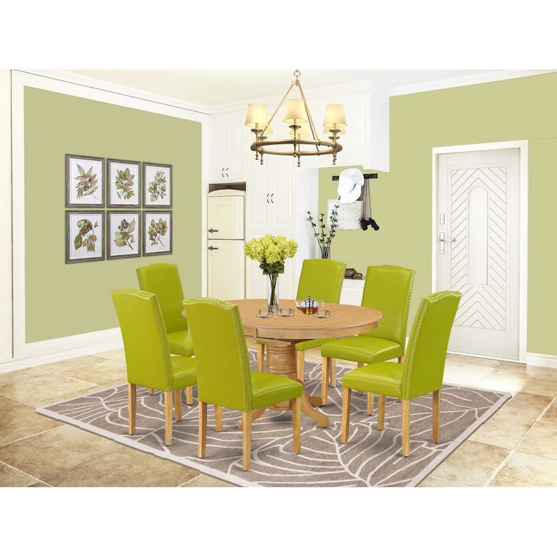 Dinette Set 7Pc Oval Table w/ Leaf & 6 Chairs - Tuscan Style - Green PU Leather - 42-60"