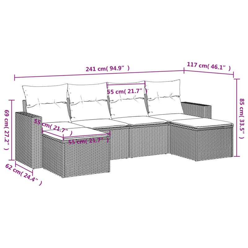 vidaXL Patio Sofa Set with Cushions Outdoor Conversation Furniture Poly Rattan - 25.8" x 24.4" x 27.2"