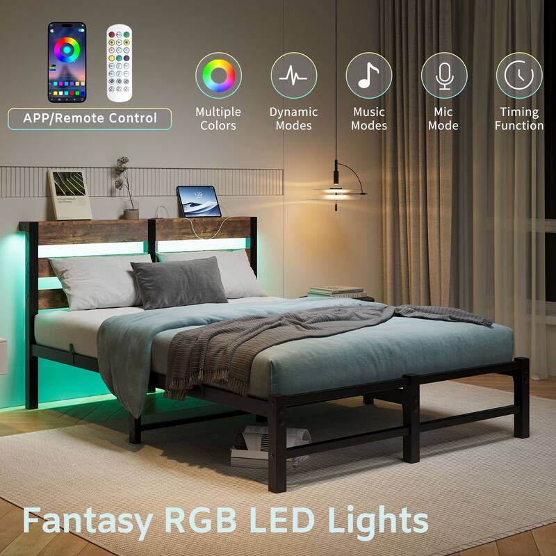 Metal Frame Platform Bed with USB Charging Station