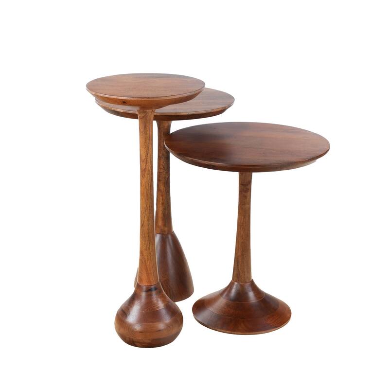 Set of 3 Round Accent Tables with Mango Wood Tops and Pedestal Bases