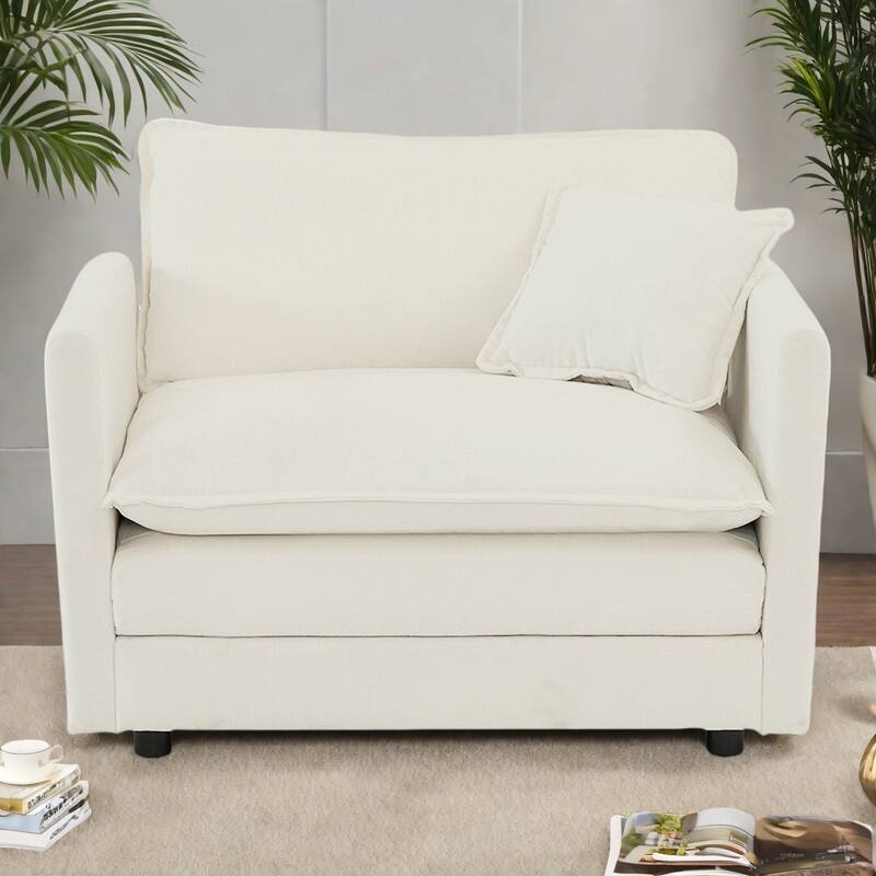 Chenille Upholstered Single Armchair with Deep Seat and Toss Pillow - White