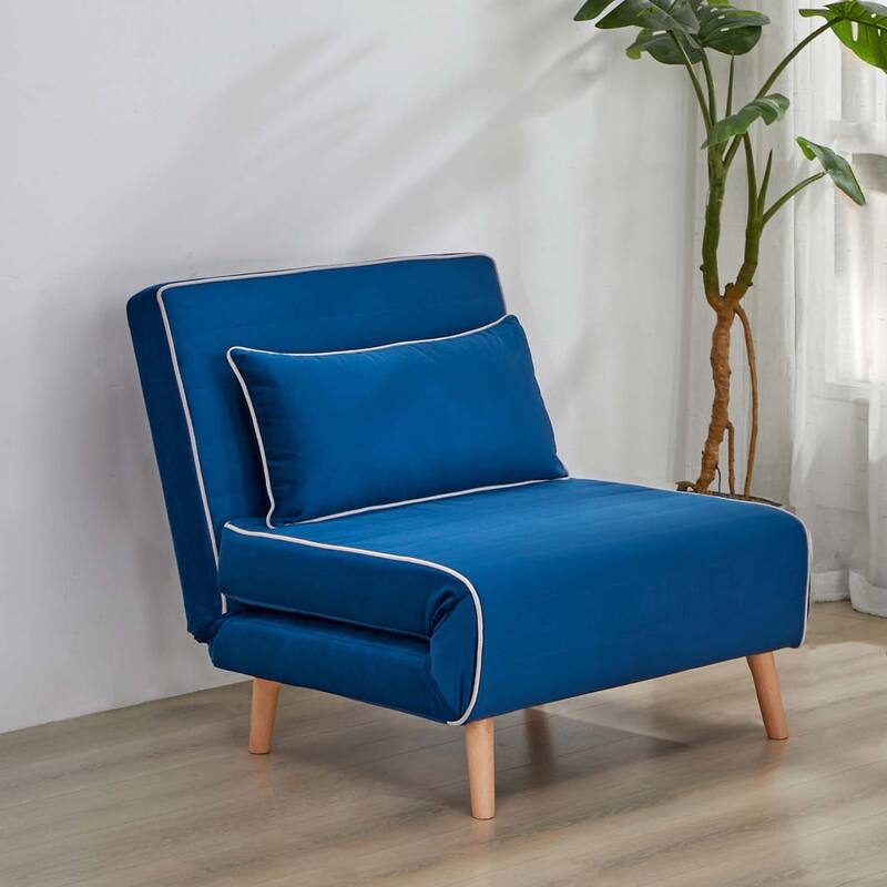 Modern Velvet Foldable Sofa Bed Piping 3 Position Backrest 10s Convert Grey Space Saving - Blue