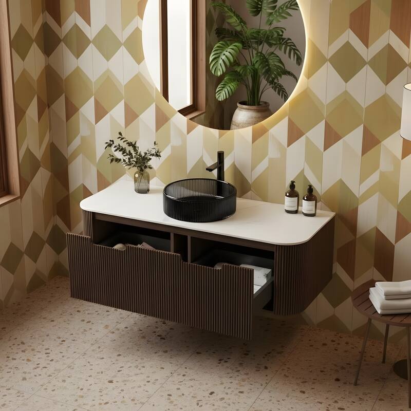 Wall Mounted Bathroom Vanity with Transparent Black Round Glass Basin