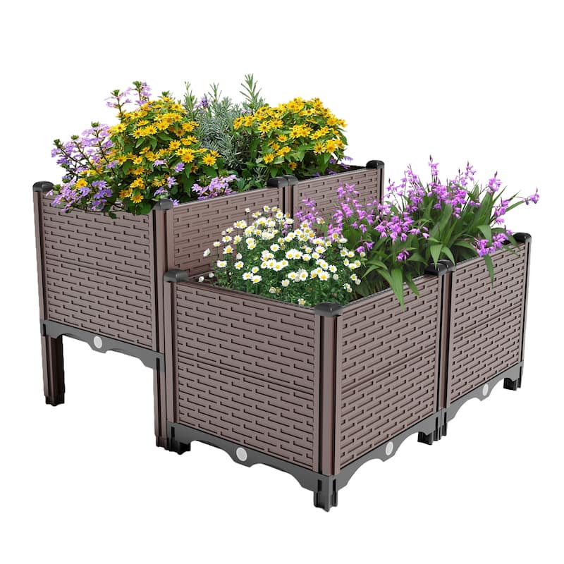 31.5x31.5x19.6in Raised Garden Beds,Polypropylene Planter Boxes,Garden Box with Drain Outlet,Heat and Frost Resistance Planters - Black+Brown