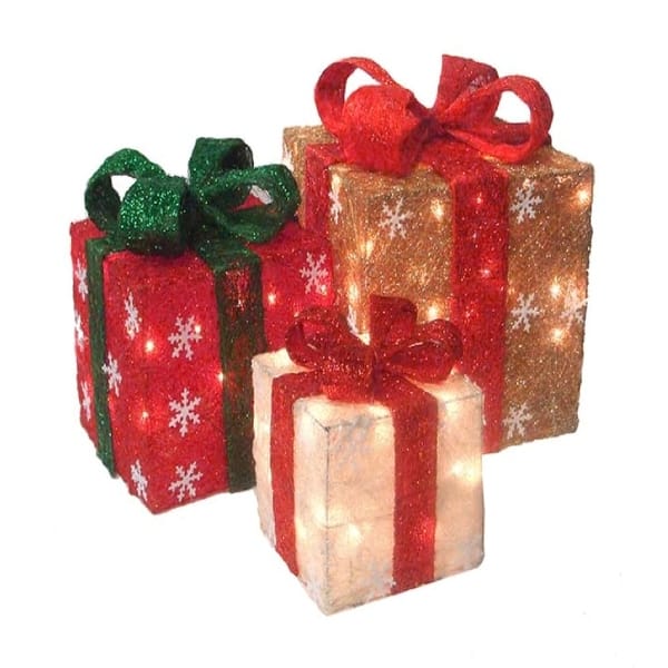 Set of 3 Lighted Red and Cream Gift Boxes Christmas Outdoor Decorations ...