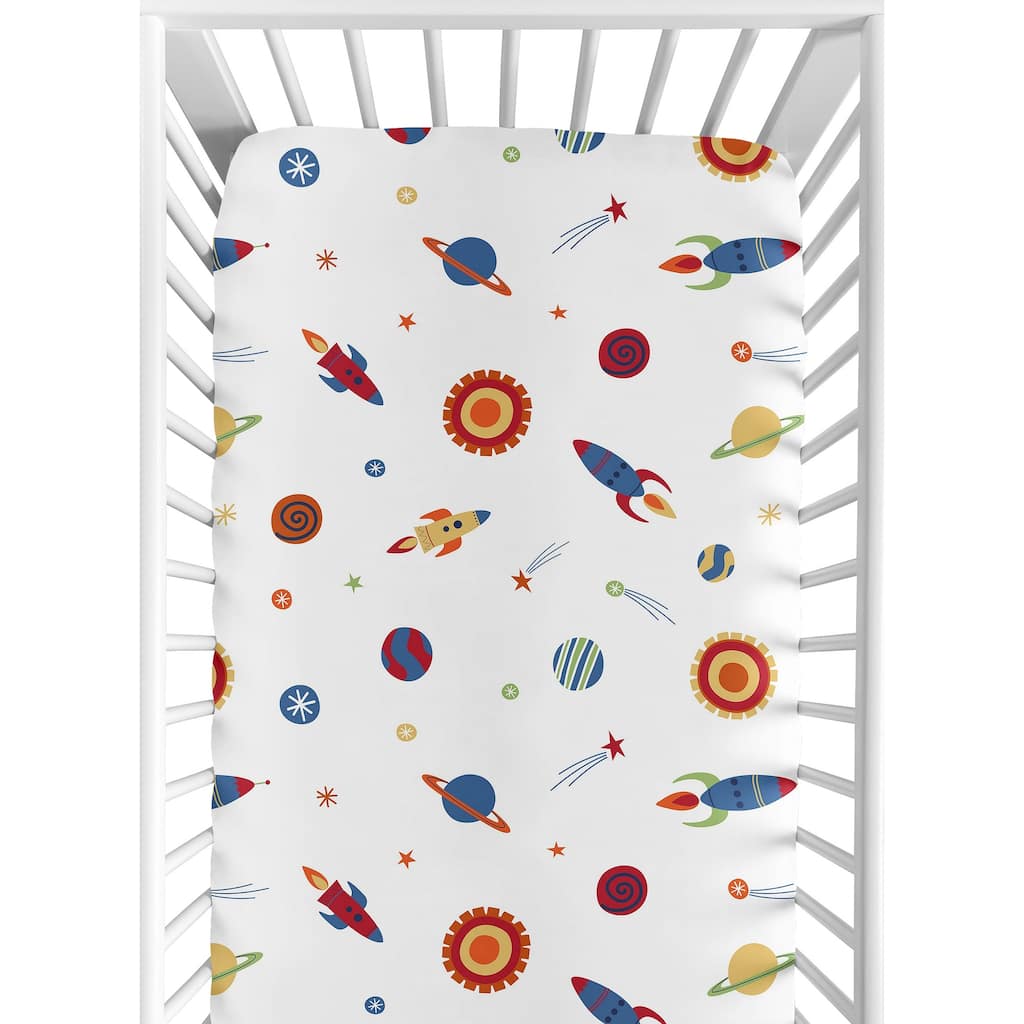 Sweet Jojo Designs Outer Space Themed Boy Fitted Crib Sheet Navy Blue Red Yellow Galaxy Moon Stars Planets Abstract Outerspace