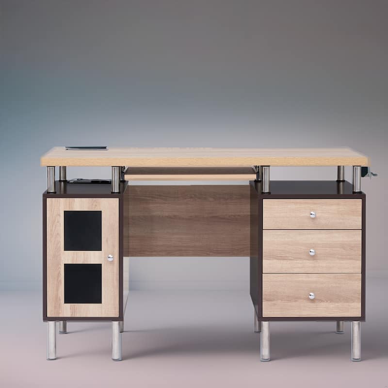 3-Drawer Filing Cabinet, Two-Tone Office Desk Power Outlets & USB Ports – Includes 3 Drawers and 1 Storage Cabinet