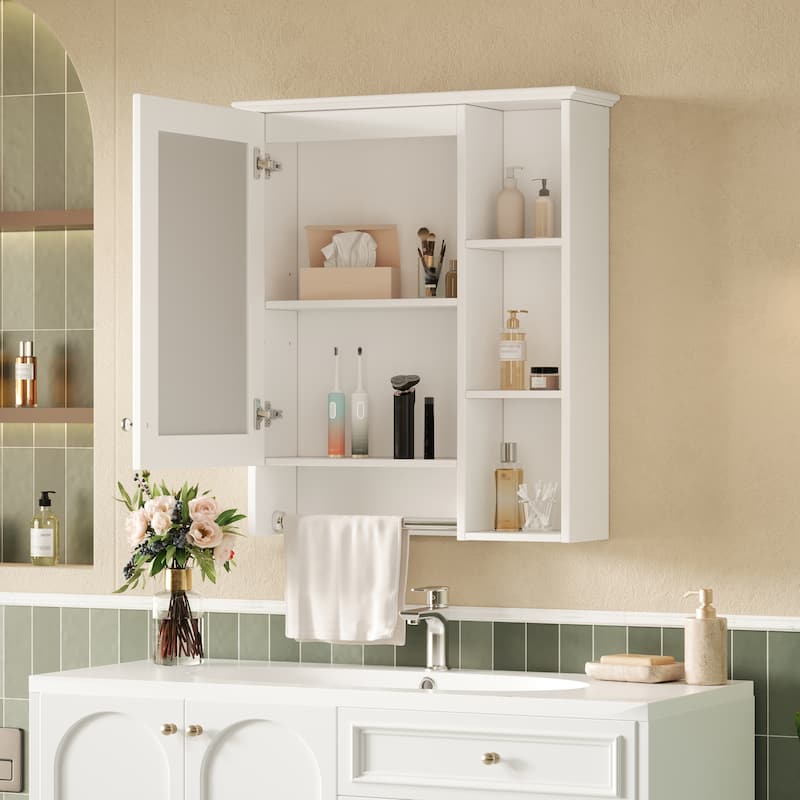 3-in-1 Bathroom Mirror Cabinet, 24-inch Wall Mounted Medicine Cabinet with Adjustable Shelf & Tower Bar