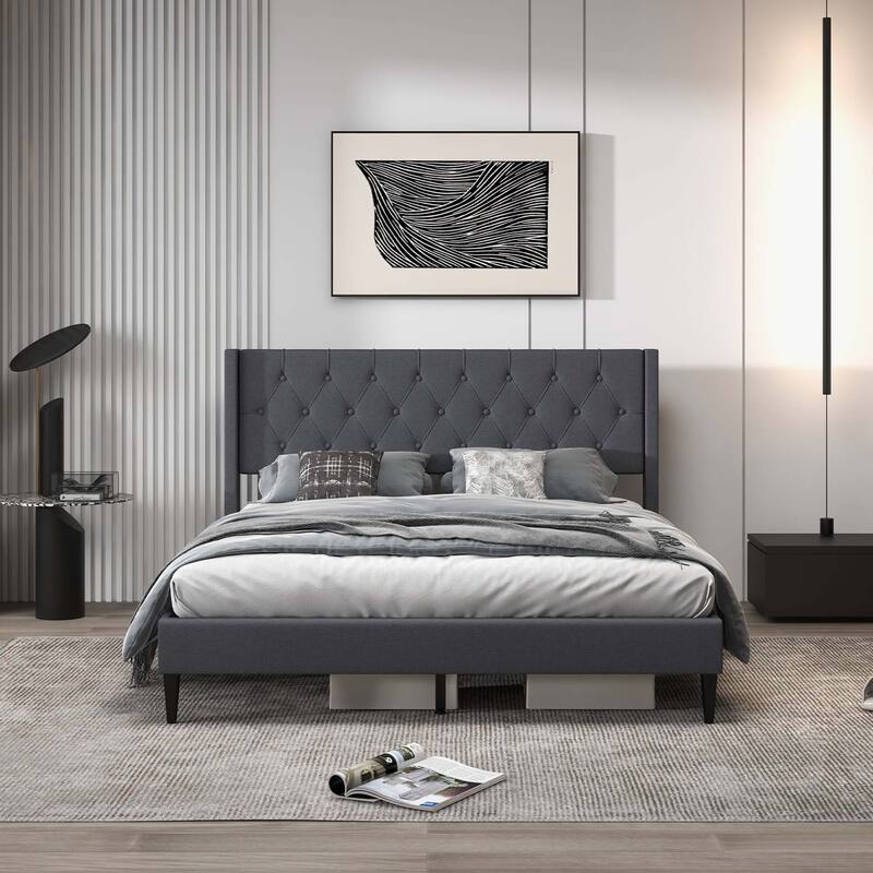 Costway Queen Size Upholstered Platform Bed with Button Tufted