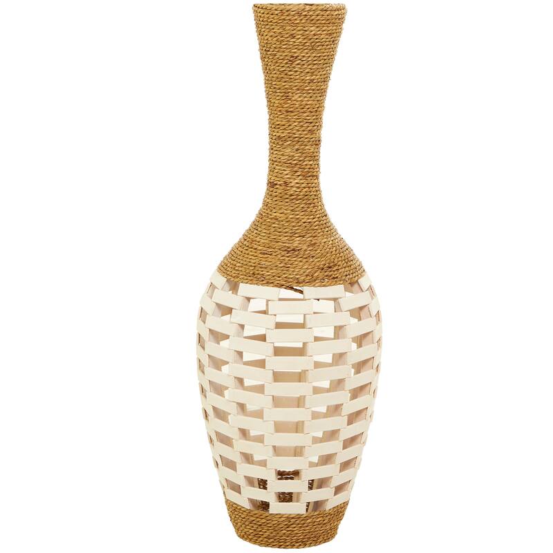Brown Seagrass Handmade Wrapped Tall Floor Vase with Open Framed Cream Bamboo Center