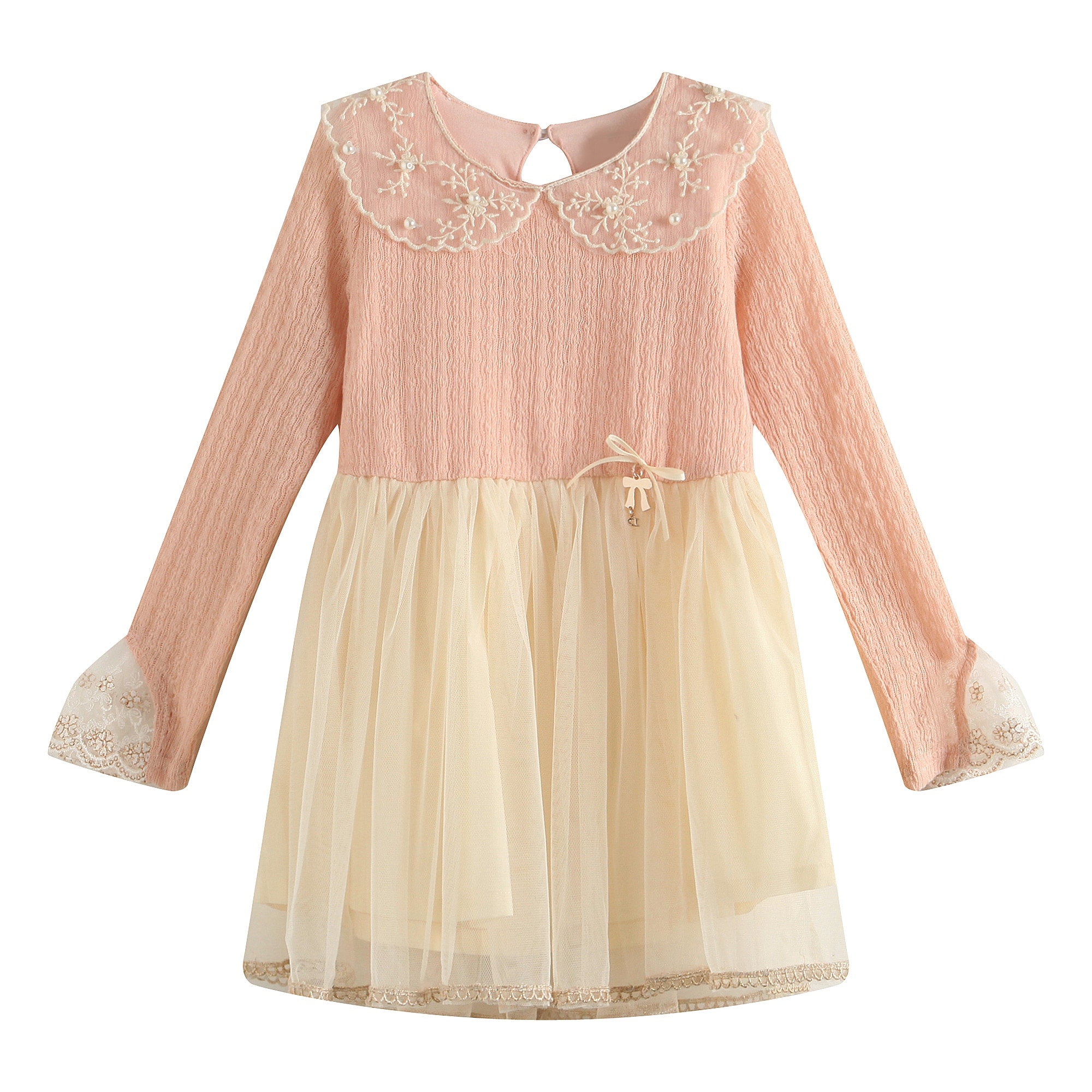 Richie House Girls' Cream Gauzy Top with Carnation Tulle Skirt and Pearl Accents