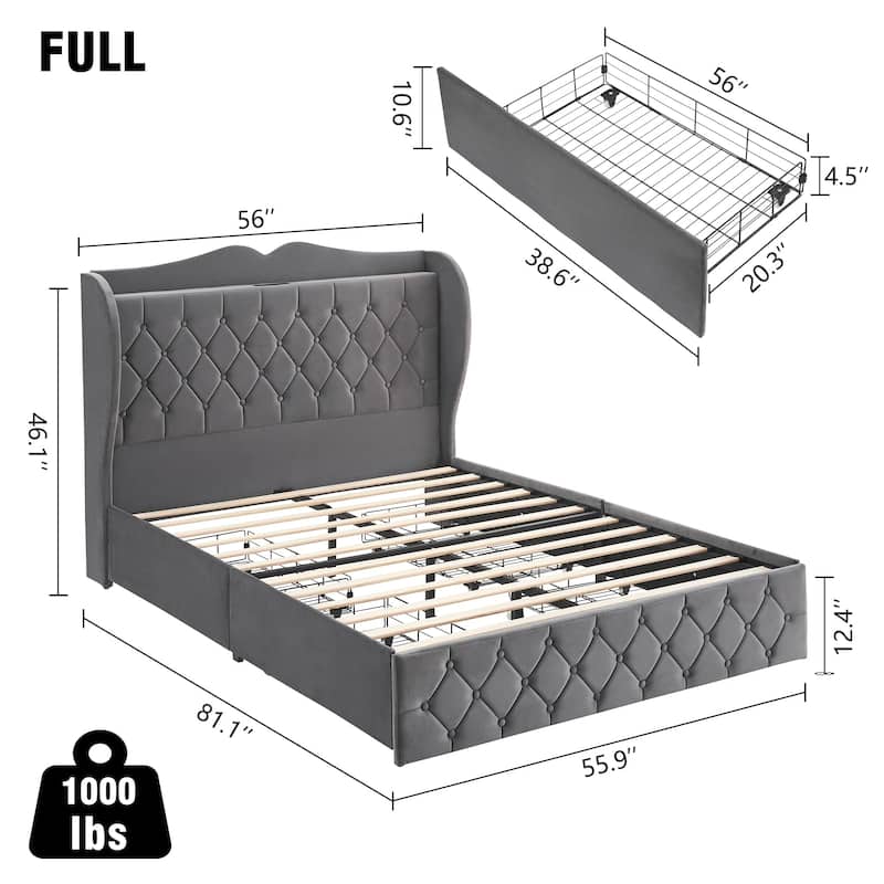 Grey Upholstered Platform Bed with Drawers and Charging Station
