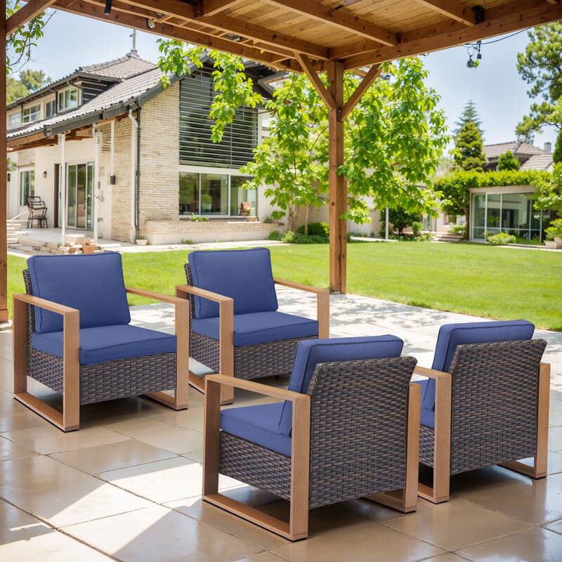 Gymojoy Outdoor Wicker Patio Furniture Chair Set - 4-Piece - Club Chairs - Brown Wicker / Blue Cusion