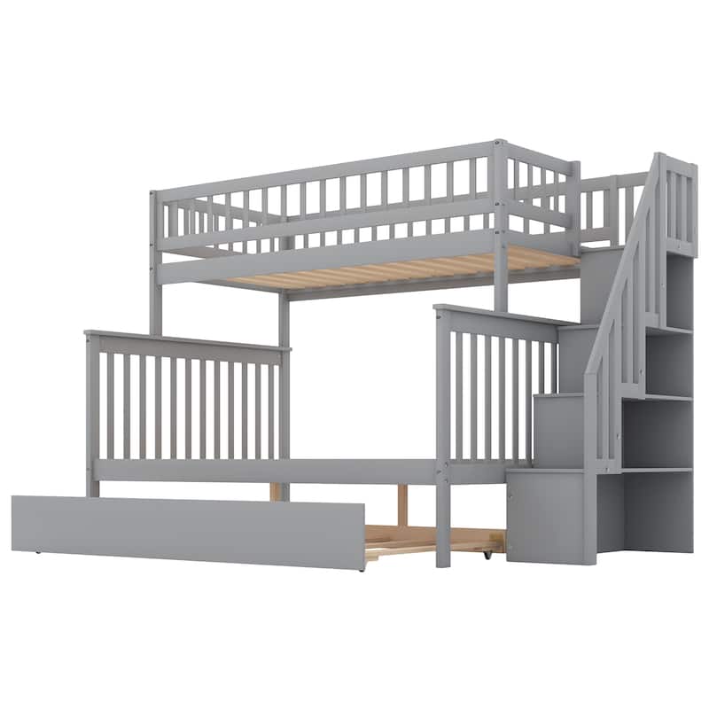 Solid Pinewood Bunk Bed Frame with Trundle Bed and Storage Staircase