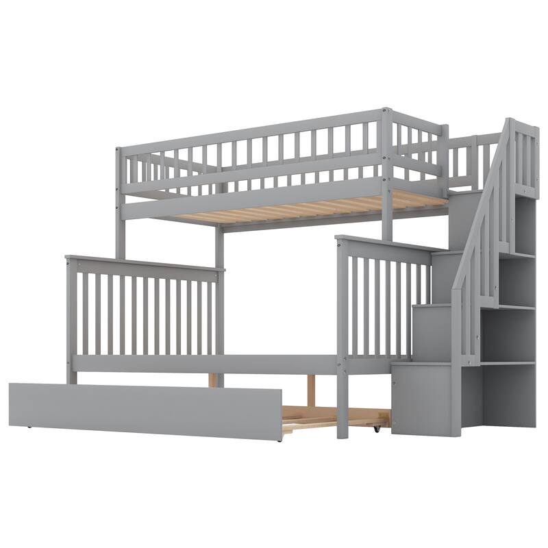 Space-Saving Twin over Full Bunk Bed with Trundle, Staircase & Storage, Gray