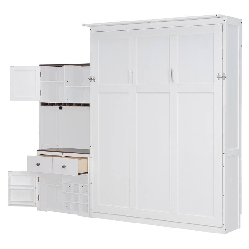 Queen Murphy Bed with LED Lights, Storage Cabinet, Wine Rack, Glass Holder & Drawers