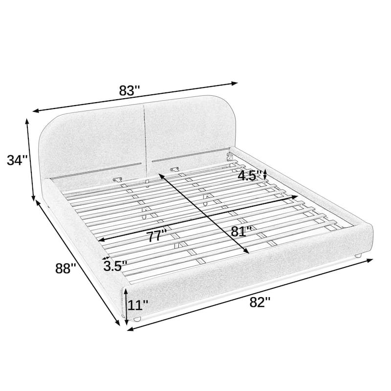 Upholstered Bed Frame with Tall Curved Headboard, Premium Circle Yarn Fabric, Modern Minimalist Platform Bed