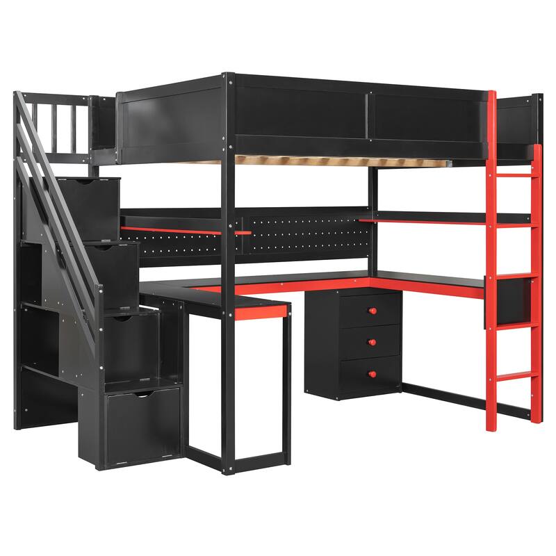 Roomfitters Full Size Gaming Loft Bed, Integrated Desk, Storage Stairs & Pegboard, Esports Inspired Sleeper System