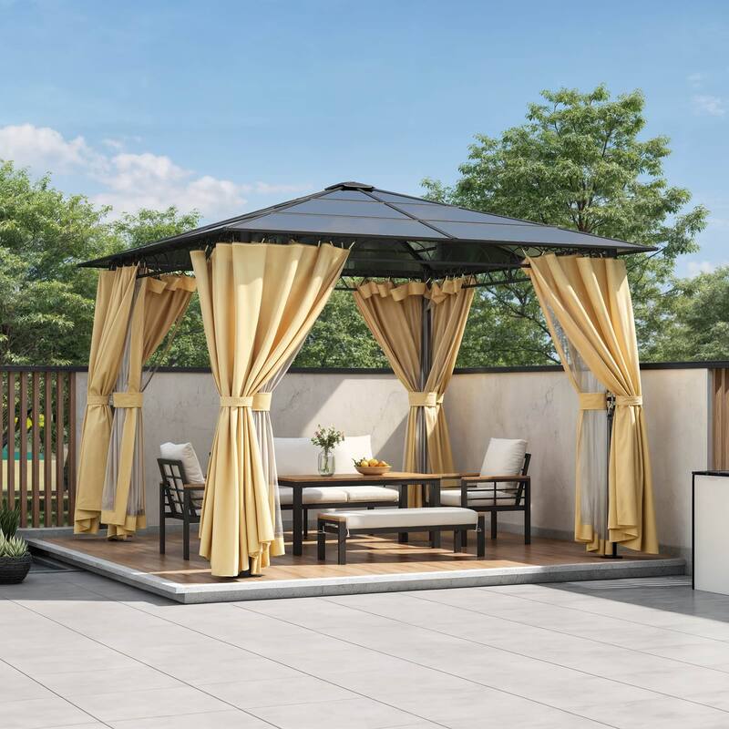 10x10 FT Outdoor Aluminum Hardtop Gazebo with Mosquito Netting - Beige