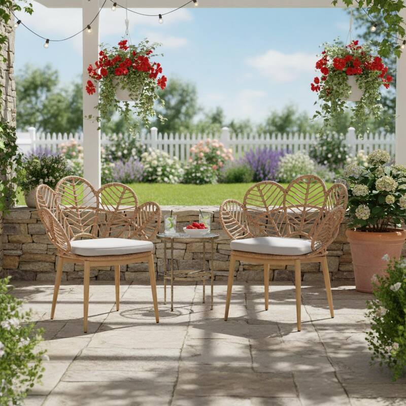 Roomfitters Kirk Outdoor Wicker Peacock Papasan Chairs with Teak Finish Legs, Light Brown and Beige Set of 2 - Set of 2