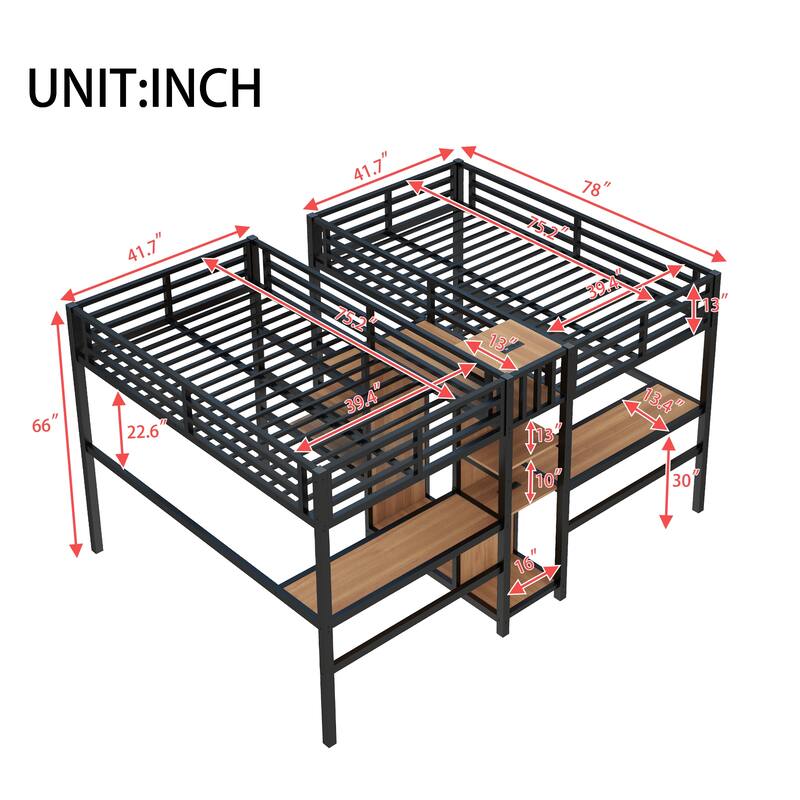 Twin-over-Twin Metal Loft Bed with Double Desks, Wardrobe and Electrical Outlets