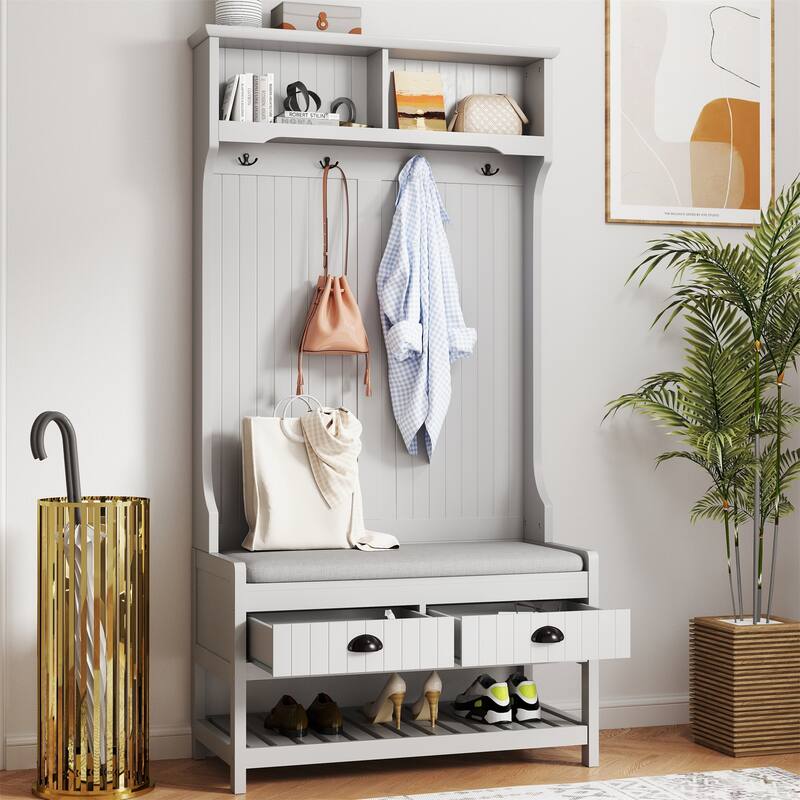 3-in-1 Wood Coat Rack with 2 Storage Drawer and Padded Seat Cushion