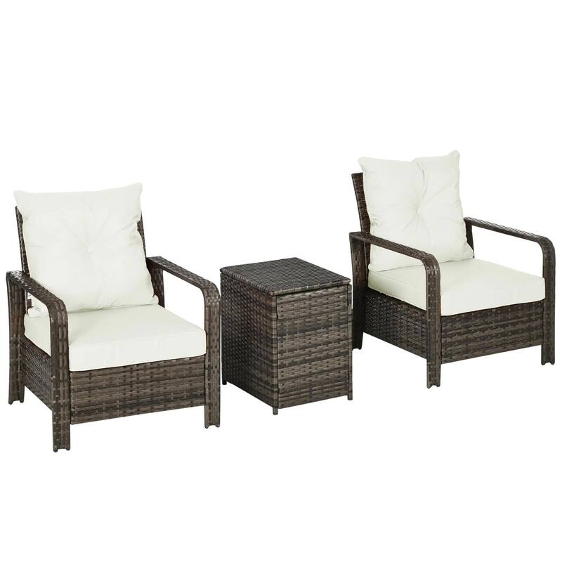 3 Piece Patio Furniture, PE Wicker Storage Table and Chairs, Beige