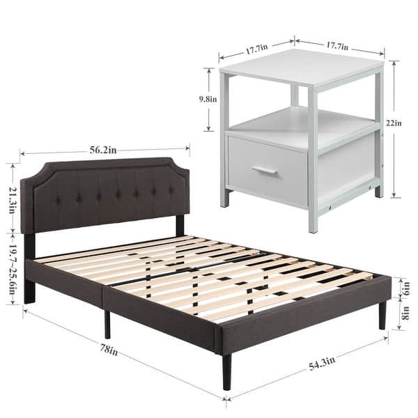 dimension image slide 4 of 13, VECELO 3-Pieces Modern Upholstered Bed with Height Adjustable Headboard and Nightstands Sets