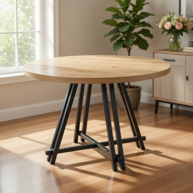 Tete 47 Inch Dining Table, Solid Brown Wood Round Top, Black Metal Base