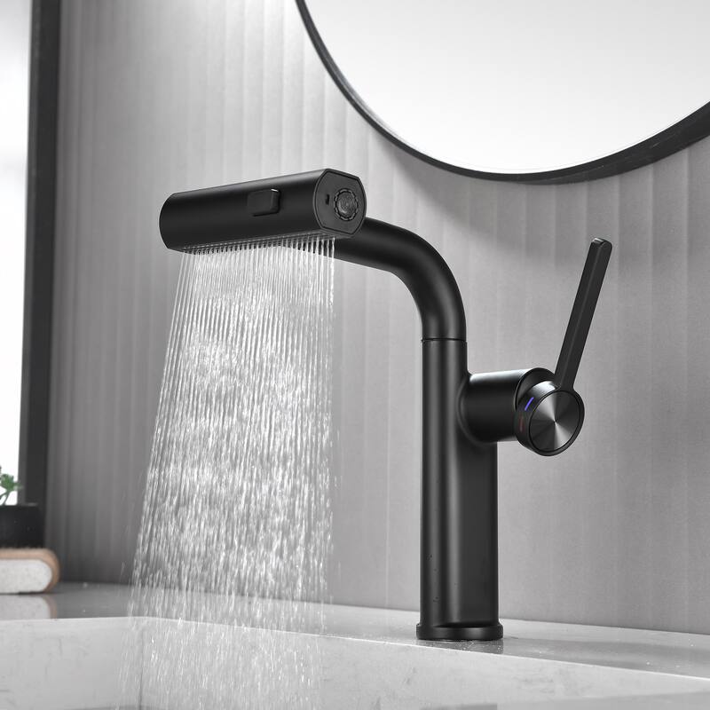 Single Handle Pull Out Bathroom Faucet with Sprayer Brass 1 Hole Matte Black Bathroom Sink Basin Faucets with Pull Out Sprayer - Matte Black