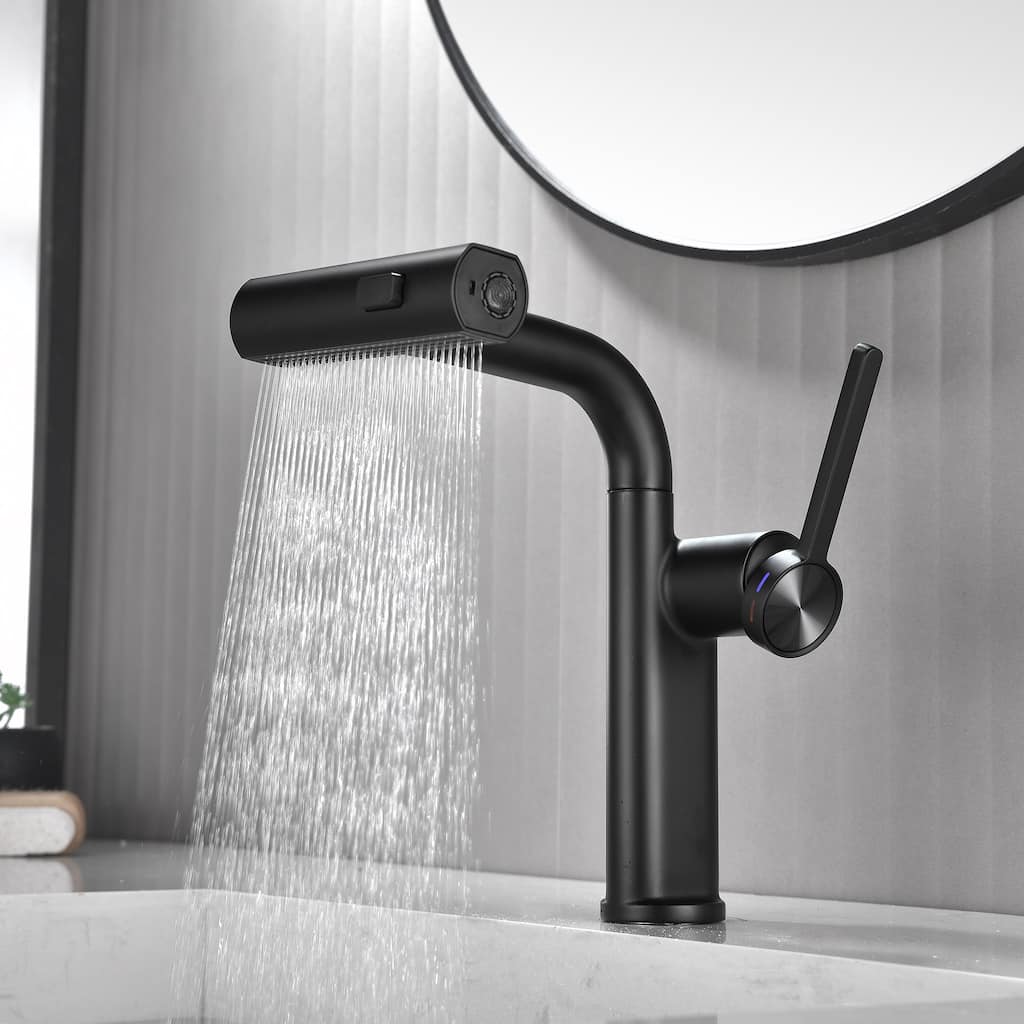 Single Handle Pull Out Bathroom Faucet with Sprayer Brass 1 Hole Matte Black Bathroom Sink Basin Faucets with Pull Out Sprayer